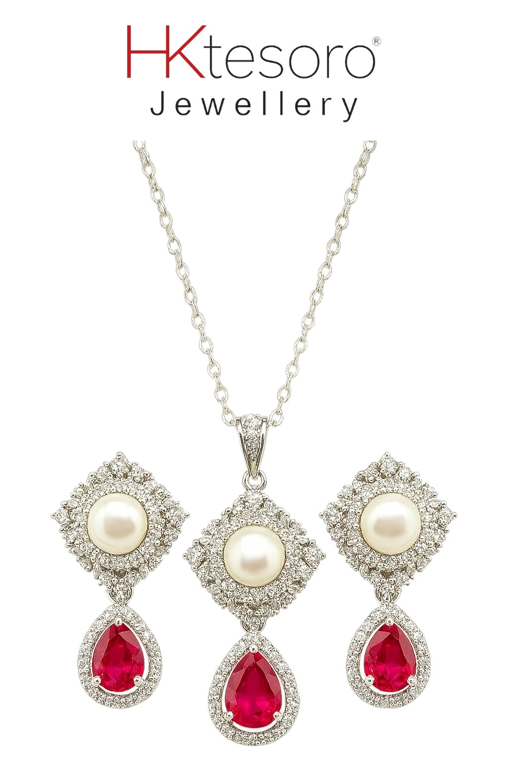 SKU - PS013 925 Sterling Silver With Pearl & Synthetic Ruby Stone Pendant Set
