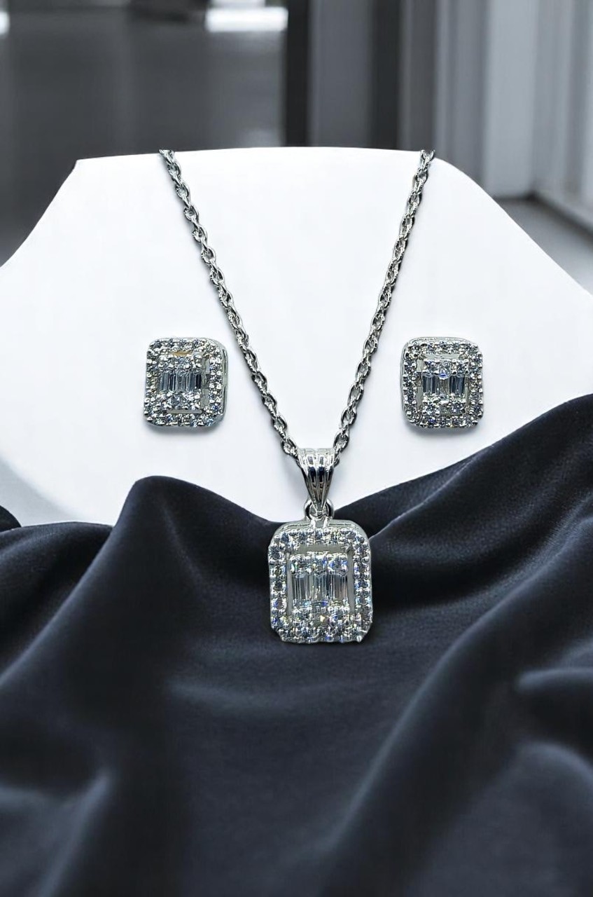 SKU - PS008 925 Sterling Silver Square Zircon Stones Pendant Set