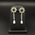 925 Sterling Silver Diamond Style and Pearl Earrings with Emerald Drops-01