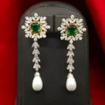 925 Sterling Silver Diamond Style and Pearl Earrings with Emerald Drops-01