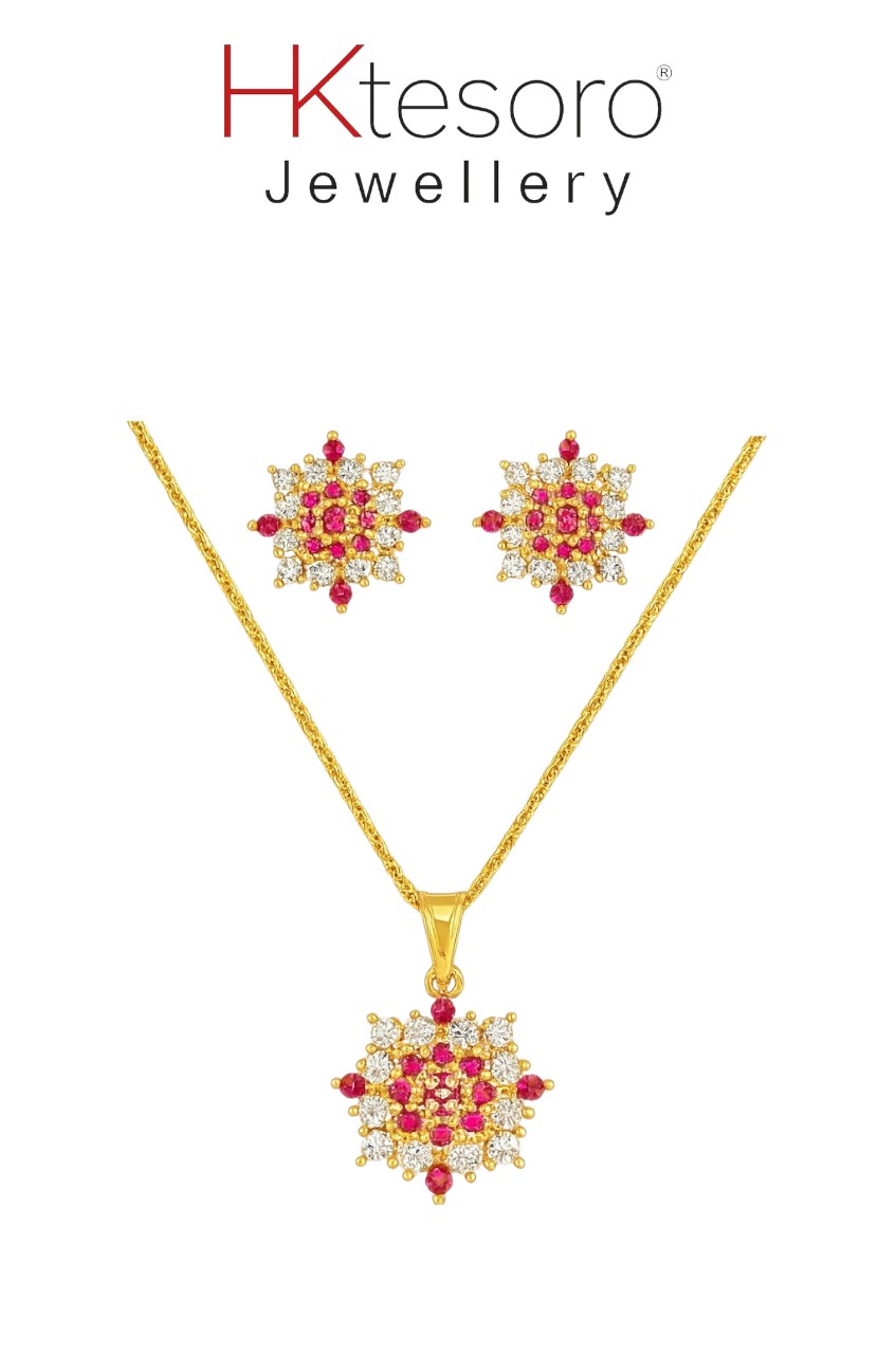 SKU - PS006 925 Sterling Silver Gold Platted Synthetic Ruby and Diamond Style Pendant Set
