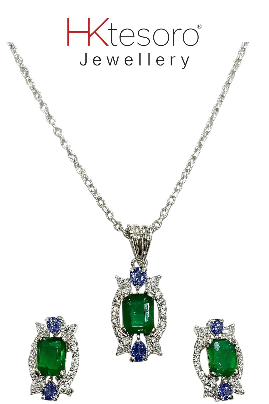 SKU - PS020 925 Sterling Silver Synthetic Emerald & Blue sapphire Pendant Set
