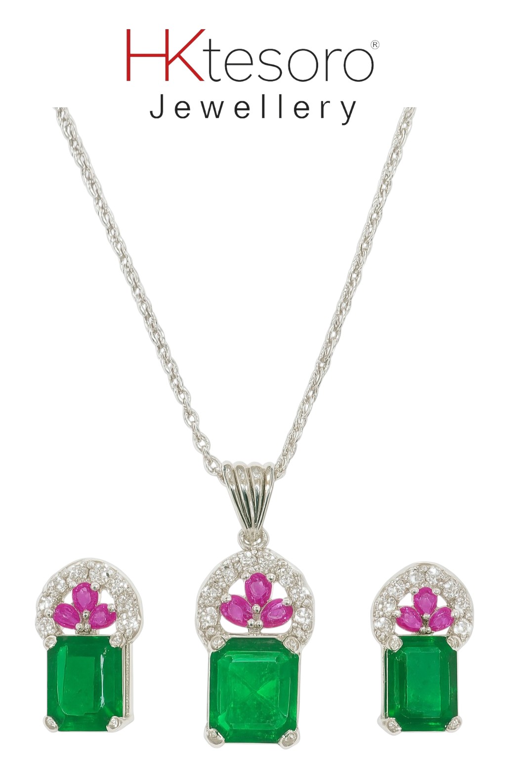 SKU - PS021 925 Sterling Silver Synthetic Emerald Pendant Set