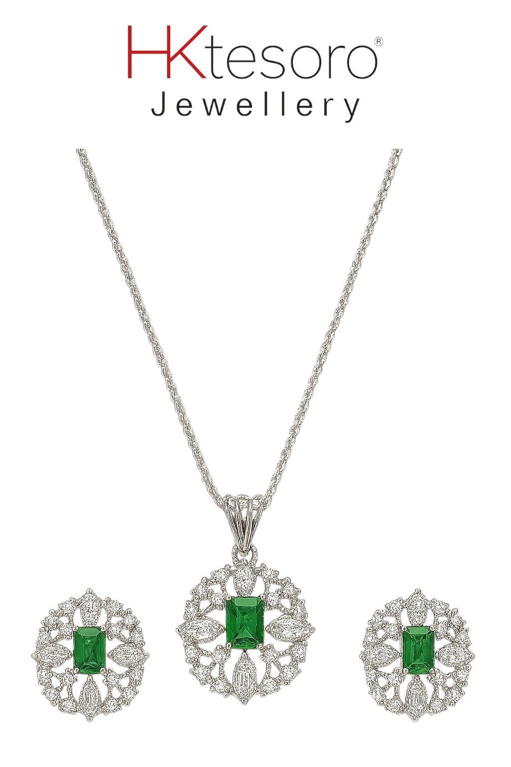 SKU - PS022 925 Sterling Silver Synthetic Emerald Pendant Set