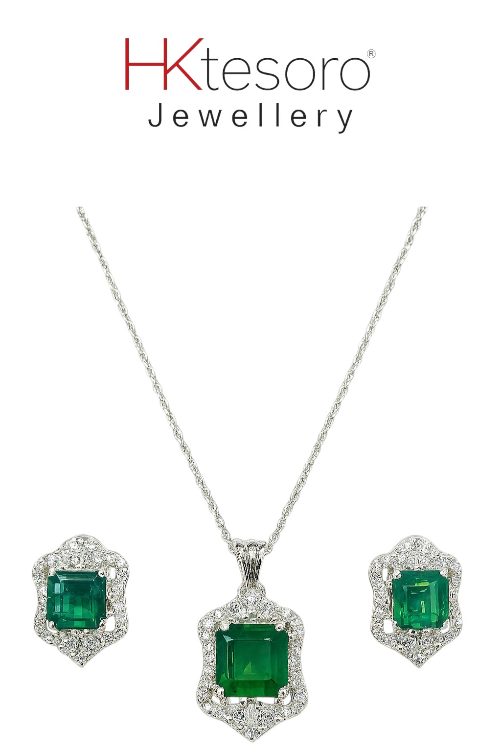 SKU – PS024 925 Sterling Silver Synthetic Emerald Pendant Set
