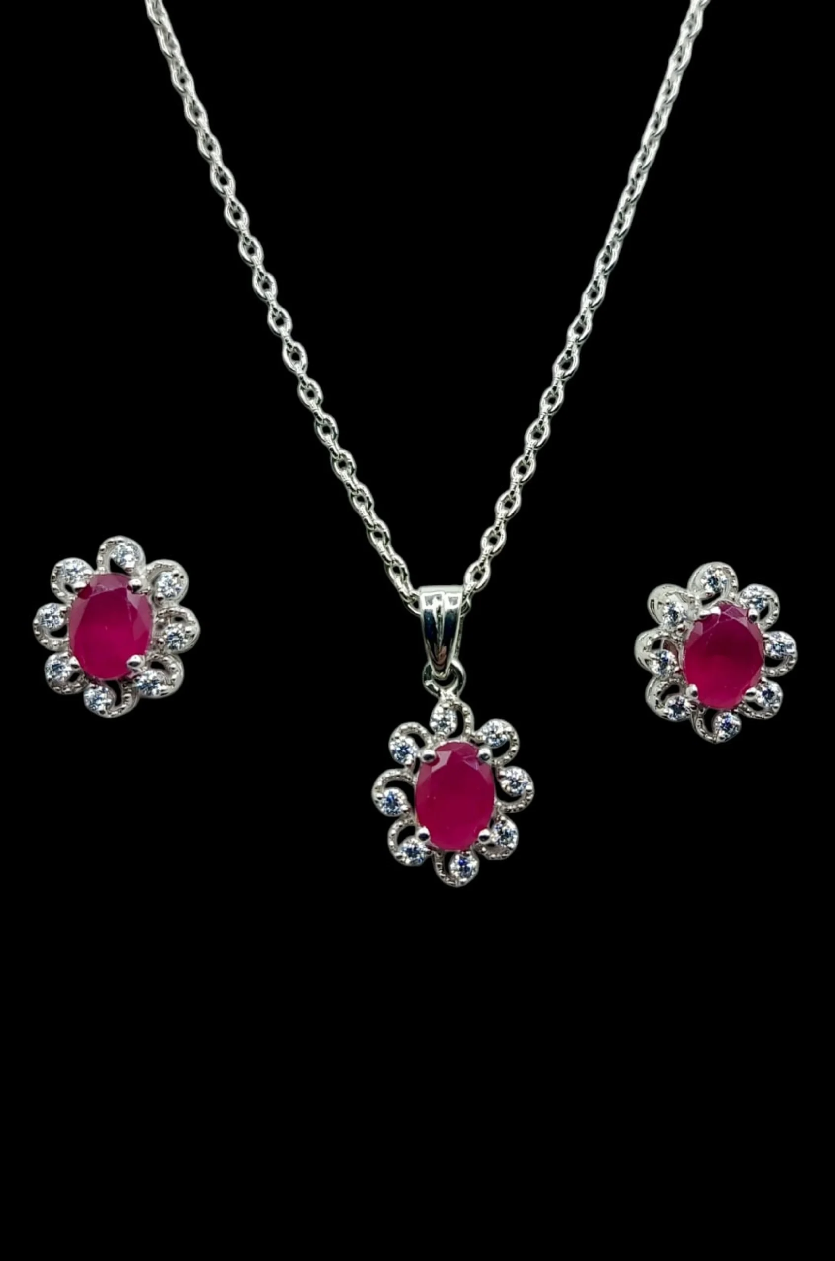 SKU PS025 925 Sterling Silver Synthetic Ruby Pendant Set