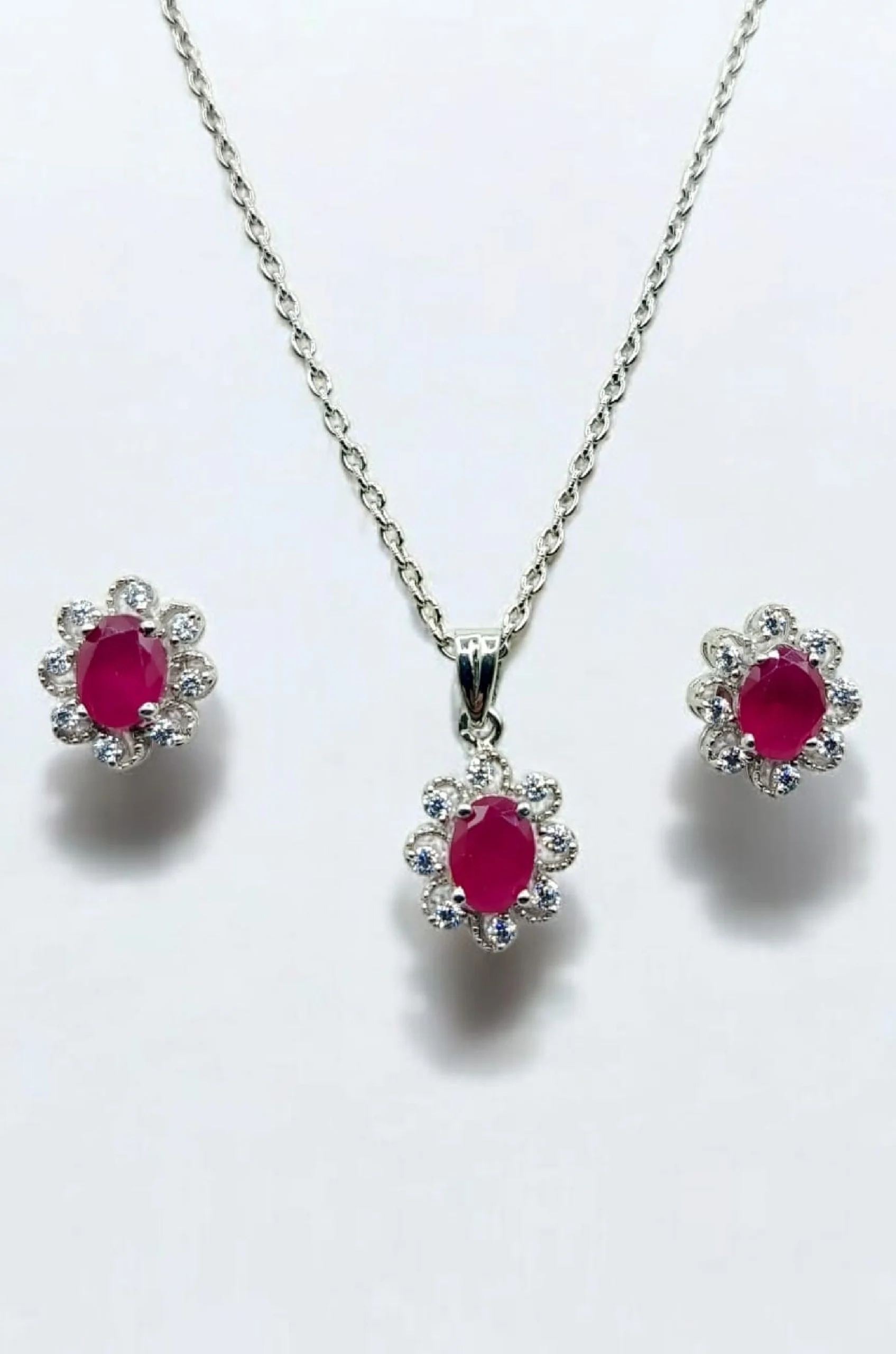 SKU PS025 925 Sterling Silver Synthetic Ruby Pendant Set