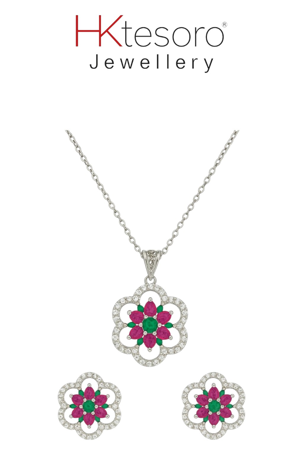SKU – PS050 925 Sterling Silver Floral Harmony Emerald & Ruby Pendant