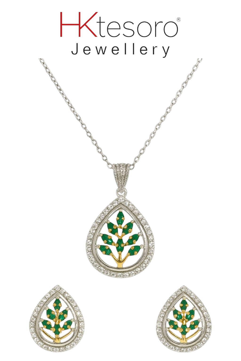 SKU – PS052 925 Sterling Silver Tree of Life Teardrop Emerald & Diamond Pendant