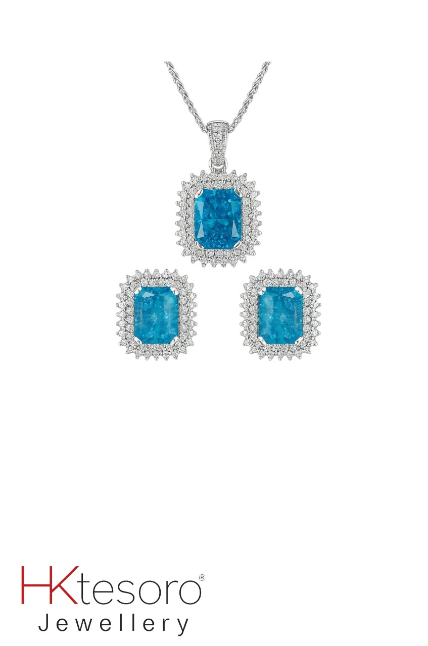 SKU – PS053 925 Sterling Silver Azure Halo Pendant & Earring Set By HK Tesoro