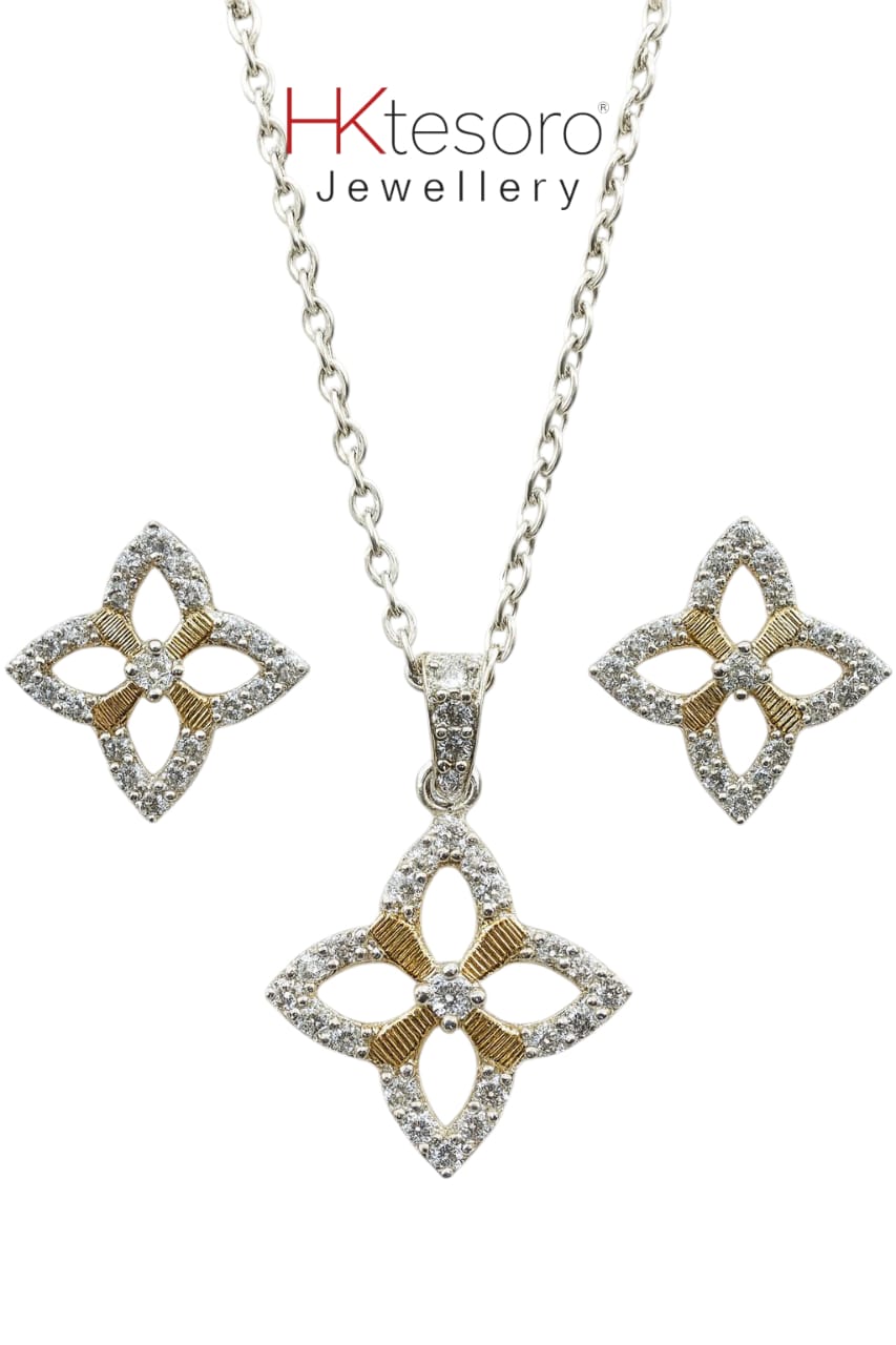 SKU – PS054 925 Sterling Silver HK Tesoro Two-Tone Floral Diamond Jewellery Set