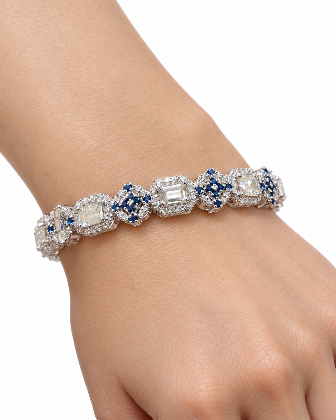 SKU – BR038 Royal Sapphire & Emerald-Cut Diamond Bracelet