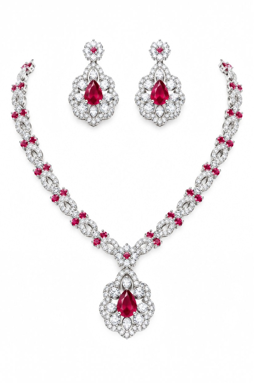 SKU – PS048 Royal Ruby Elegance Diamond Necklace Set