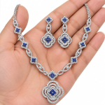 SKU – PS049 Royal Sapphire Floral Diamond Necklace Set Sapphire and Diamond Jewelry Set (1)
