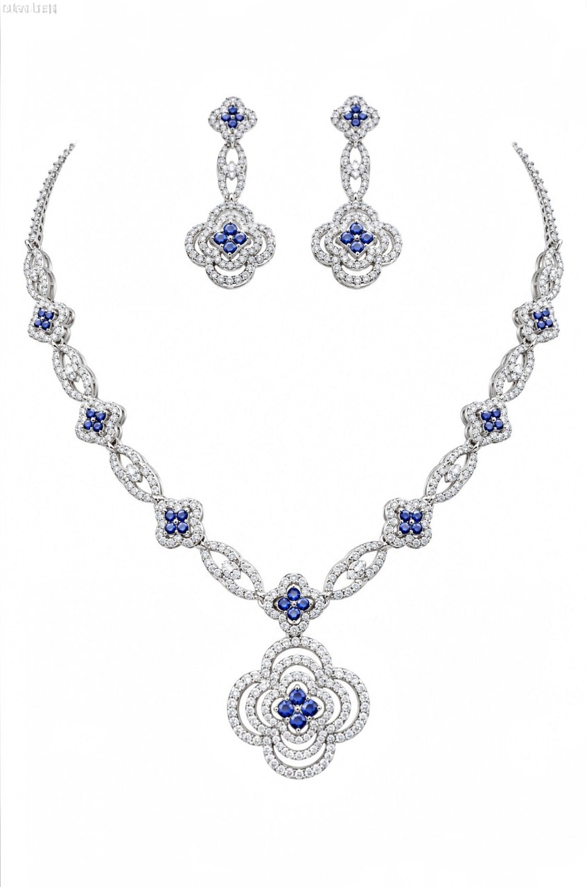 SKU – PS049 Royal Sapphire Floral Diamond Necklace Set